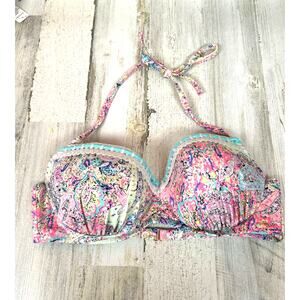 Shade & Shore Womens 38C Blue Multi Coral Paisley Halter Bikini Swim Top NEW